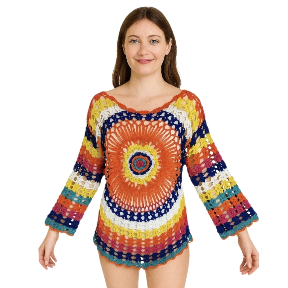 Handmade Boho Bikini Coverup Mandala Crochet Pullover Tunic Rainbow multicolor